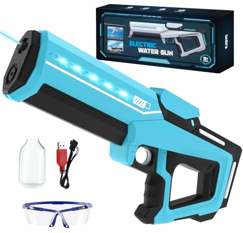 Pistola de agua eléctrica para adultos y niños, rango de 32 pies, juguete de chorro alimentado por batería con tanque, luz LED, absorción automática de agua, juego de playa al aire libre de verano,