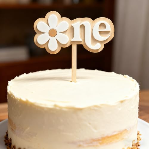 Snvpnyd Wooden One Cake Topper, Daisy First Birthday Cake Decoration, 1st Birthday Party Decor for Girls and Boys Baby Shower Gender Reveal Photo Booth Props