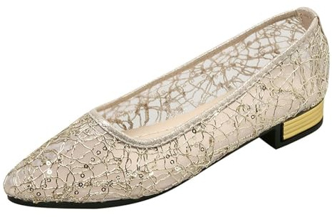 Women's Traditional Shoes Pumps - Breathable Non-Slip Soft Lace Toe Elegant Shoes Classic Thick Heel Versatile, gold, 7 UK
