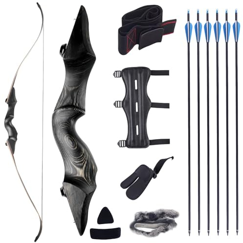 MOYJ 60inch 50LBS/45LBS/40LBS Hunting Takedown Recurve Bow and Mixed Carbon Arrow Competition Wooden Longbow Kit Adults for Outdoor and Practice