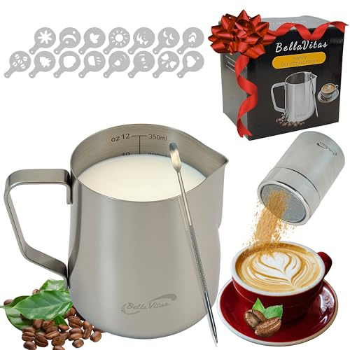 BellaVitas Milk Frothing Pitcher Set 12oz/350ml, 304 Stainless Steel Milk Frother Cup with Cocoa Shaker, Latte Art Pen, Stencils, Espresso Machine Accessories & Coffee Barista Tools Latte Pitcher Gift