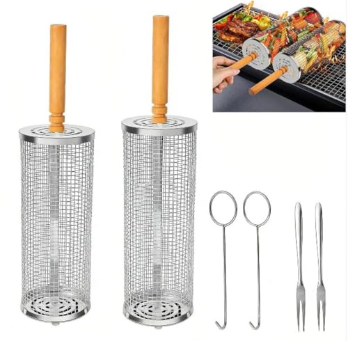 Grillkorg, campingtillbehör, grilltillbehör, 2-delat grillkorgset med trähandtag, cylindriskt grillgaller i rostfritt stål 304 för bärbara grilltillbehör för grönsaker och kött, presenter till män