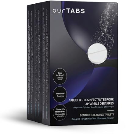 purTABS 90 Pastilles Nettoyantes Appareil Dentaire – Tablettes de Nettoyage Gouttière, Dentier, Aligneur – Compatible Ultrason purDENTAL – Anti Odeur, Antibactérien, Menthe – 2 boîtes +1 offerte