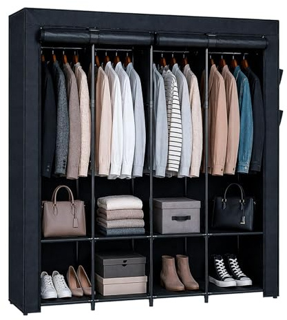 Harbour Housewares Portable Fabric Wardrobe - Black -170x45x167cm Clothes Storage Closet with Hanging Rails, Shelves & Side Pockets, Zipped Cover, Lightweight Freestanding Clothing Organiser