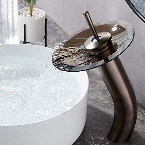 RODDEX Robinet de salle de bain cascade en verre à poignée unique en laiton massif - Robinet de lavabo haut - Bronze huilé