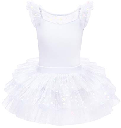 OBEEII Mädchen Kinder Ballettkleid Ballettanzug Trikot Leotard Ballettbekleidung Ballettbody Weiß 5-6 Jahre