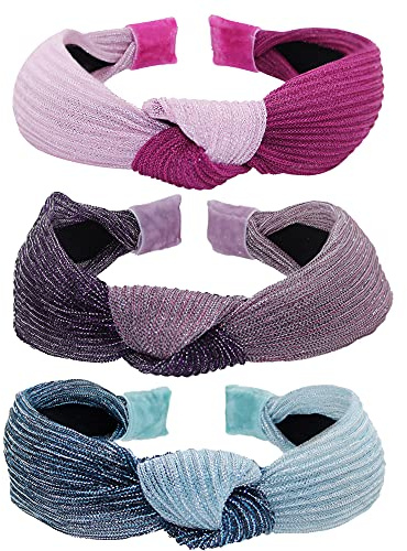 FROG SAC 3 Top Knot Headbands for Girls, Cute Knotted Headband Pack, Two Tone Hair Accessories in Blue, Pink, Purple, Boho Fashion Headbands for Kids Ages 5-12