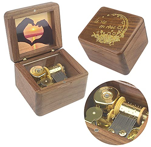 Sinzyo Caja de música de Madera con Foto Personalizable Navidad San Valentín Regalo(Caja de Nogal con carácter, Melody:La Vie en Rose)