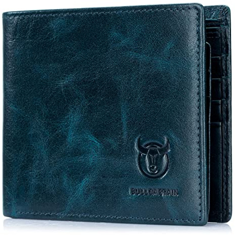 BULLCAPTAIN RFID Wallets for Men,Genuine Leather Wallet QB-05(Peacock Blue)