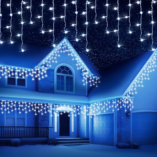 CUQOO 14m Christmas Icicle Lights – 360 Cool White LEDs, Snowy White Cable, 8 Lighting Modes, Energy Class A - Waterproof Low Voltage Outdoor Christmas Lights Icicle & Indoor Holiday Décor