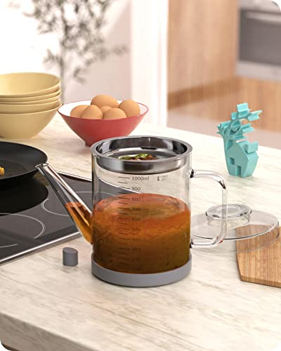 Baffect Separador de grasa de vidrio, recipiente de grasa de tocino con colador, lata de almacenamiento de aceite para freír para cocinar (1 litro/4 tazas)