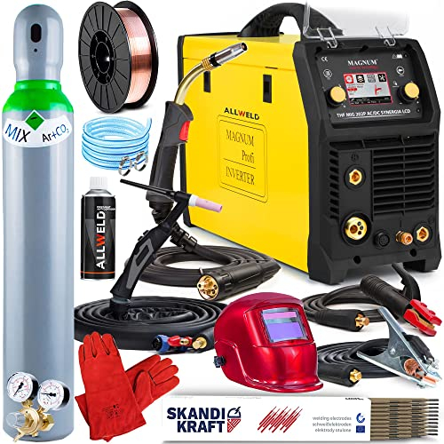 ALLWELD MAGNUM THF MIG 202P AC/DC - Echte 3-in-1: MIG MAG Schweißgerät - WIG Schweißgerät AC DC und MMA - HF-Zündung, Induktivitätsregelung, Lötschweißen und 30 Speicherkanäle - Set:ProfessionalPlus