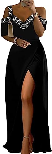 shownicer Robe de Soirée Femme Col V Cocktail Robe Chic Elegant Maxi Robes Fente Latérale Robe Sexy Taille Haute Robe De Bal Longue Robe Épaules Dénudées A Noir L