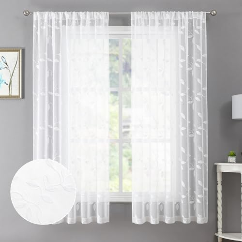 Tollpiz Weiße Blättervorhänge mit Blättern, Bestickt, Kurze Vorhangstange, Voile, Fensterbehandlung für Wohnzimmer, 96,5 x 137,2 cm lang, Set mit 2 Paneelen