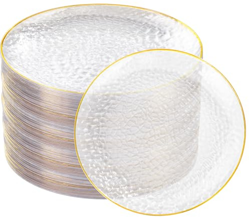 Rubtlamp 100 Pcs Gold Plastic Plates, 10 inch Clear Gold Dinner Plates, Hammer Pattern Design, Fancy Disposable Plate, Heavy Duty Party Plate Ideal for Party
