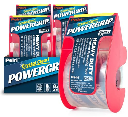 Pelri POWERGRIP Mini ruban adhésif d’emballage (noyau 1,5) – transparent, silencieux – 4 rouleaux avec dérouleurs, total 120 m – 30 m × 48 mm – pour bureau, maison, déménagement – XD55