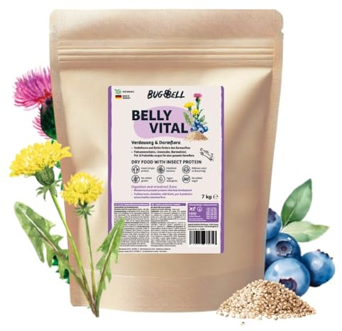 BugBell 7 kg premium torrfoder, skonsam mot magen, fettreducerad, för problem med bukspottkörteln eller lever, maskros, mjölktistel, prebiotika och probiotika