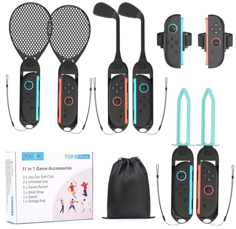 Younik Switch 2 sporttillbehör, 11-i-1 switch 2 sportpaket med golfklubbar, tennisracketar, svärdgrepp, svärdgrepp och handledsremmar, familjetillbehörskit kompatibelt med NS Switch 2 (2025)