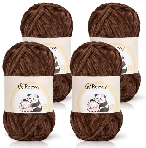 Reessy Chenille Yarn 400g(4×100g), Super Soft Chunky Wool for Crochet-Brown | Thick Velvet Chenille Wool for Knitting 100g balls, Chunky Crochet Yarn for Crochet Blanket, Amigurumi, Handbag, DIY Crafts