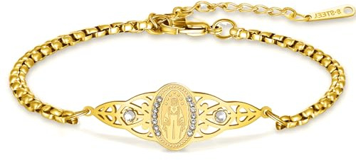 VASSAGO Virgin Mary Bracelet for Women Stainless steel Dainty Virgen de Guadalupe Rosary Jesus Cross Charm Link Bracelets Catholic Crucifix Christian Religious Baptism Gift