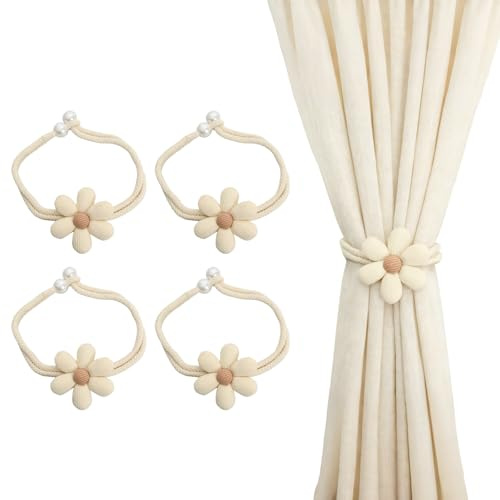 4 Pezzi Ferma Tende, Fermatenda Con I Fiori, Tessuto Di Cotone Fermatende, Adatto Per La Decorazione Di Casa, Ufficio, Hotel, Ecc(Bianco Sporco)