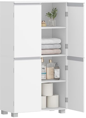 HEXCELEN Armoire de Salle de Bain, Meuble de Rangement, Placard de Cuisine avec 4 Portes avec Étagères Réglables, Adaptée au Salon, à La Salle de Bain, à La Buanderie, 30 x 60 x 110 cm, Blanc