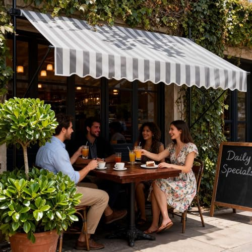 UISEBRT Klemmmarkise Balkon 250cm breit - Markise mit Handkurbel Höhenverstellbar Balkonmarkise ohne Bohren, UV-Schutz, Sonnenschutz, Wetterfest (250 x 120cm, Grau-Weiß)