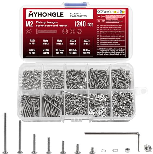 1240 Pcs M2 Screws Set, Countersunk Bolts and Nuts Set, Stainless Steel Countersunk Flat Head Screws Nuts and Bolts Assortment with Washers, Flat Hex Socket Head Cap Screwsset (1240Pcs M2)