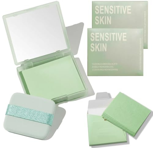 400 Sheets Blotting Paper for Oily Skin, Oil Blotting Sheets for Face, Blotting Paper Set with Mirror Compact and Powder Puff, for Oily Skin, for Makeup Application, Daily Use