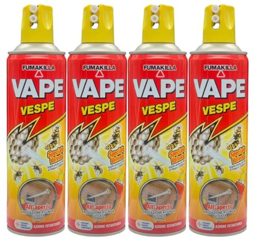Spray Elimina Vespe, Speciale Valvola, Adatto Anche per Nidi e Calabroni, All'Aperto Erogazione a Lunga Gittata, 400 ml. Spray (4 Unità)