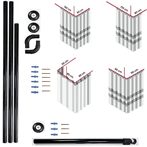 Black Shower Curtain Rail/Rod, 4 way use,L Shape,U shape with ceiling mount/bracket