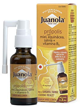 JUANOLA Pulverizador Bucal Própolis - 30ml - Para la garganta, faringe y cuerda vocales - Complemento alimenticio con Própolis, Miel, Equinácea, Salvia y Vitamina B3. A partir de 3 años.