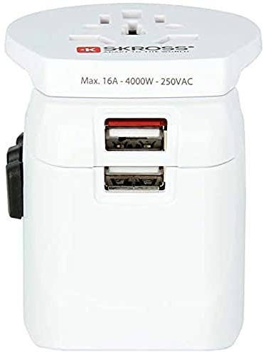 SKROSS Pro Light World Travel Adapter with USB | 3-Pole Travel Adaptor with Slide System | Designed for 200+ Countries | Compact and Reliable | White
