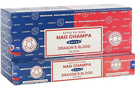 Satya 01312 Nag Champa & Dragons Blood Combo uppsättning rökelsepinnar, 12 paket x 16 g, multi, en storlek