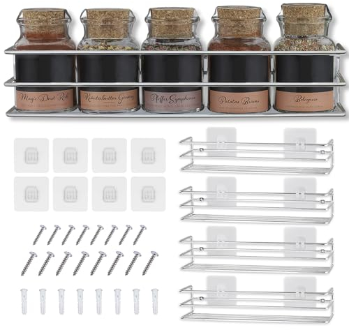 FineLane Gewürzregale aus Metall - 4 Stück - fixierbar ohne Bohren - Für Gewürze, als Schrankeinlage oder Organizer - Größe 32,2 x 6,5 x 7,4 cm (Chrom)