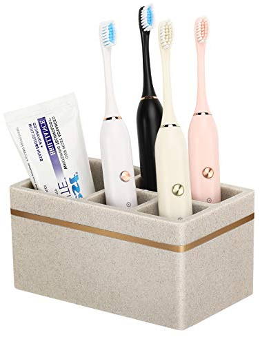 Shinowa Porte Brosses à Dents en Résine Marbré avec Trou de Drainage, Support de Brosse à Dents Électrique Multi-Compartiments,Organisateur Salle de Bain pour Comptoir Lavabo Toilettes, Beige