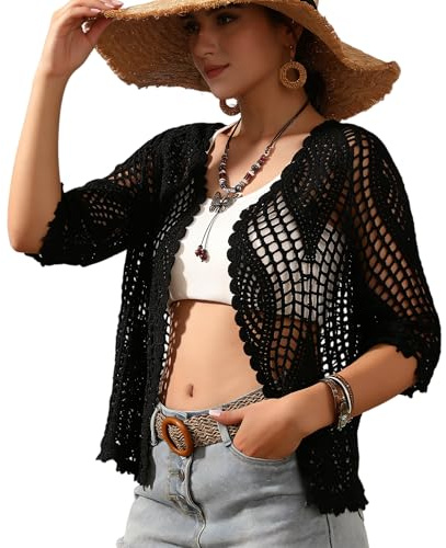 Cardigan de encaje floral tejido a crochet para mujer - Kimono largo con mangas de media longitud, Negro/A., Talla única