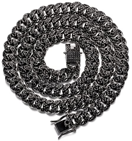 HALUKAKAH Cadenas de Oro Hombre,Chapado en Rodio Negro 14mm Gargantillas Collares,Iced out con Diamantes,Oro,Miami Cadena Cubana,45cm,con Caja de Regalo