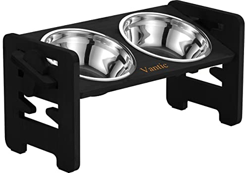 Vantic Raised Dog Bowl, Adjustable Dog Bowls on Stands, Small Elevated Hund Feeder, Bamboo Hund Feeding Station, Black