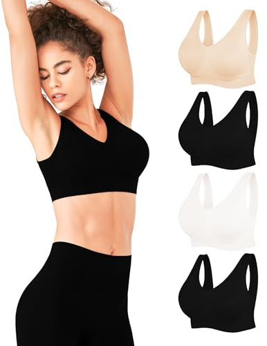 POWER FLOWER Confezione da 4 Comodi Reggiseni Sportivi Donna Reggiseno da Yoga Senza Cuciture con Imbottiture Rimovibili Top Reggiseno con Spalline Larghe S-XXXL (3388-Combo1, L-XL)