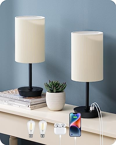 EDISHINE LED Nachttischlampe Touch Dimmbar 2er Set, Tischlampe Modern, Kleine Lampe, mit Ladefunktion, 2 USB Anschlüsse, mit Kabel, für Schlafzimmer, Wohnzimmer, Fensterbank, Geschenk, Schwarz