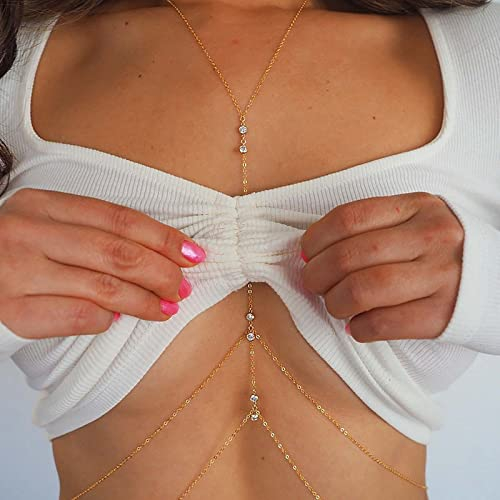 TseenYi Boho Kristall-Körper-Kette Gold mit CZ-Quaste und Strass - Geschichtete Halskette für Bikini, Party, Nightclub, BH und Strand-Schmuck für Frauen und Mädchen