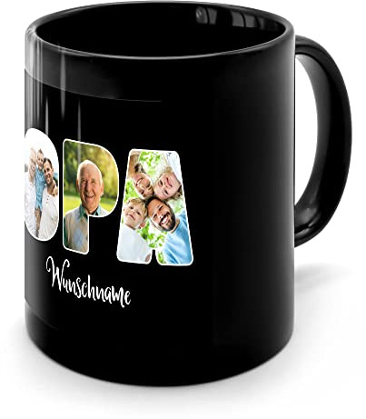 PhotoFancy® - Fototasse 'Opa' - Personalisierte Tasse mit eigenem Foto und Text selbst gestalten - Schwarz glänzend