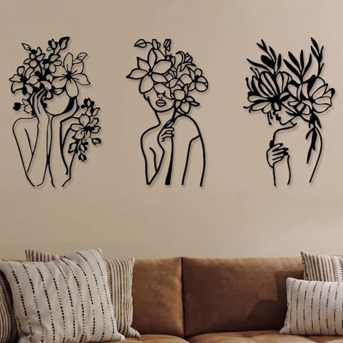 Photect 3 Pcs Metal Wall Art Minimalist Woman Line Decor, Woman, Black