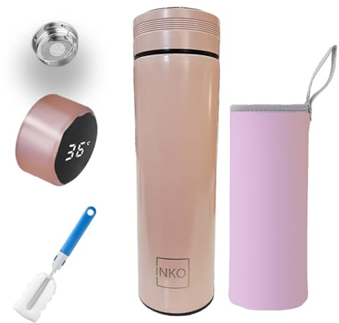 INKO NOUVELLE BOUTEILLE THERMOS INFUSEUR A THE ROSE CAPTEUR LED 500 ML: Double paroi à affichage digital led I Gourde isotherme intélligente avec écran tactile I batterie interchangeable