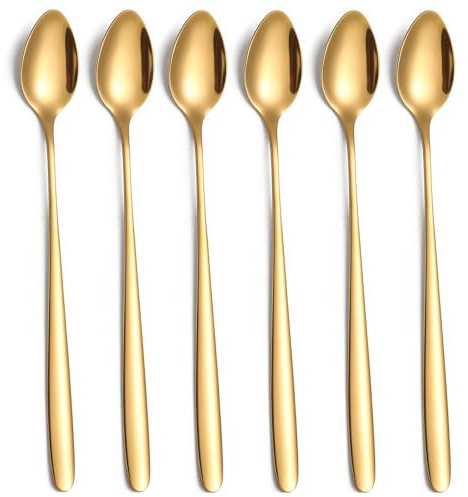 Tiokin Juego de 6 Cucharas para Latte Macchiato, Mango Largo de 19,8 cm, de Acero Inoxidable para Café Helado, Té Helado, Batido, Bebidas Frías (Dorado)