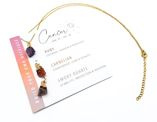 AB India Crafts Sternzeichen Geschenkset 3 Edelstein Anhänger mit Kette 18 K vergoldet im Om Schmuckbeutel | Schutz Energie Glück (Krebs Anhänger Rubin Karneol Rauch Quarz)
