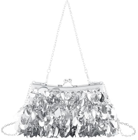 MilyaDE pochette da donna, elegante borsa da sposa, per matrimoni, feste, serate, con catena, Kiss Lock, D paillettes argento, 23*4,5*13cm