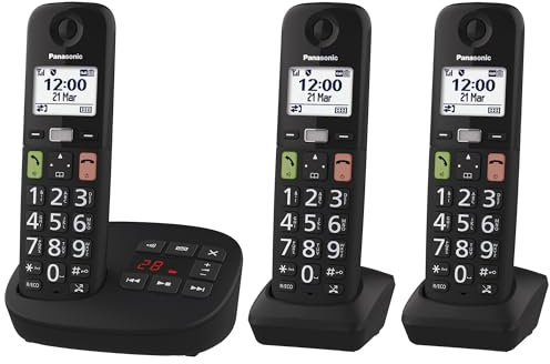 Panasonic KX-TGU133EXB trådlös digital telefon med telefonsvarare, basenhet och 3 telefoner, LCD-skärm, stora nycklar, favoritsamtal, kompatibel med hörapparater, svart