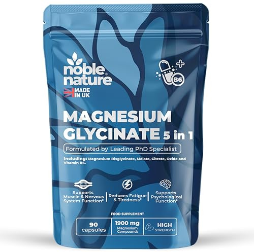 Magnesium Glycinate 5-in-1 Complex Formulated by PhD Expert High Strength 1900mg Supplements as Bisglycinate, Malate, Citrate, Oxide & Vitamin B6-90 GMO Free Capsules, 384mg Elemental, UK Made (90)